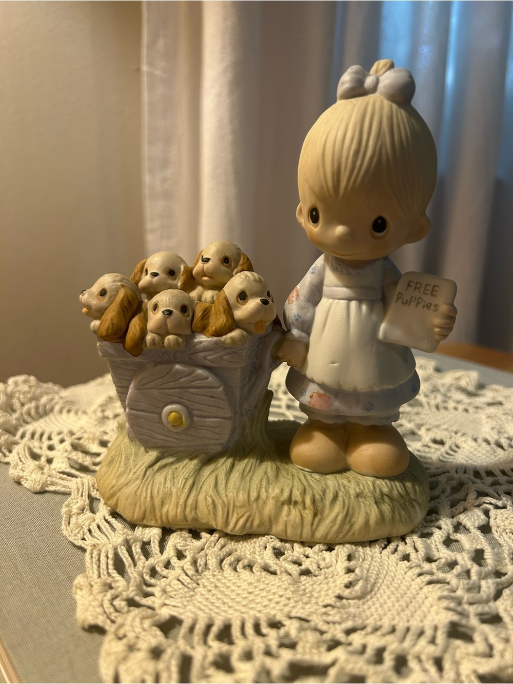 Precious Moments Girl Figurine with Puppies - Pastel Blue & Cream